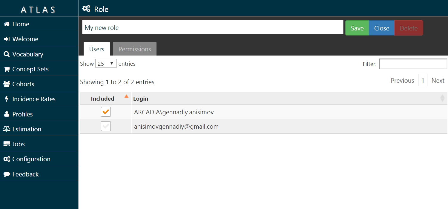  Role page, Users tab