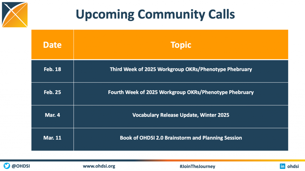 A list of upcoming OHDSI community calls